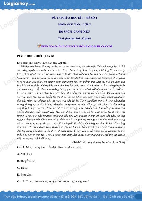 Đề thi giữa kì 1 Văn 7 Cánh diều - Đề số 4